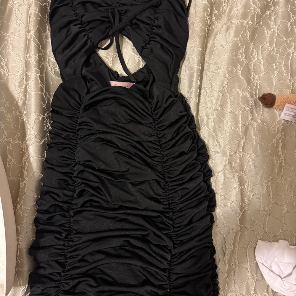Chic Black Ruched Mini Dress - Picture 4 of 6